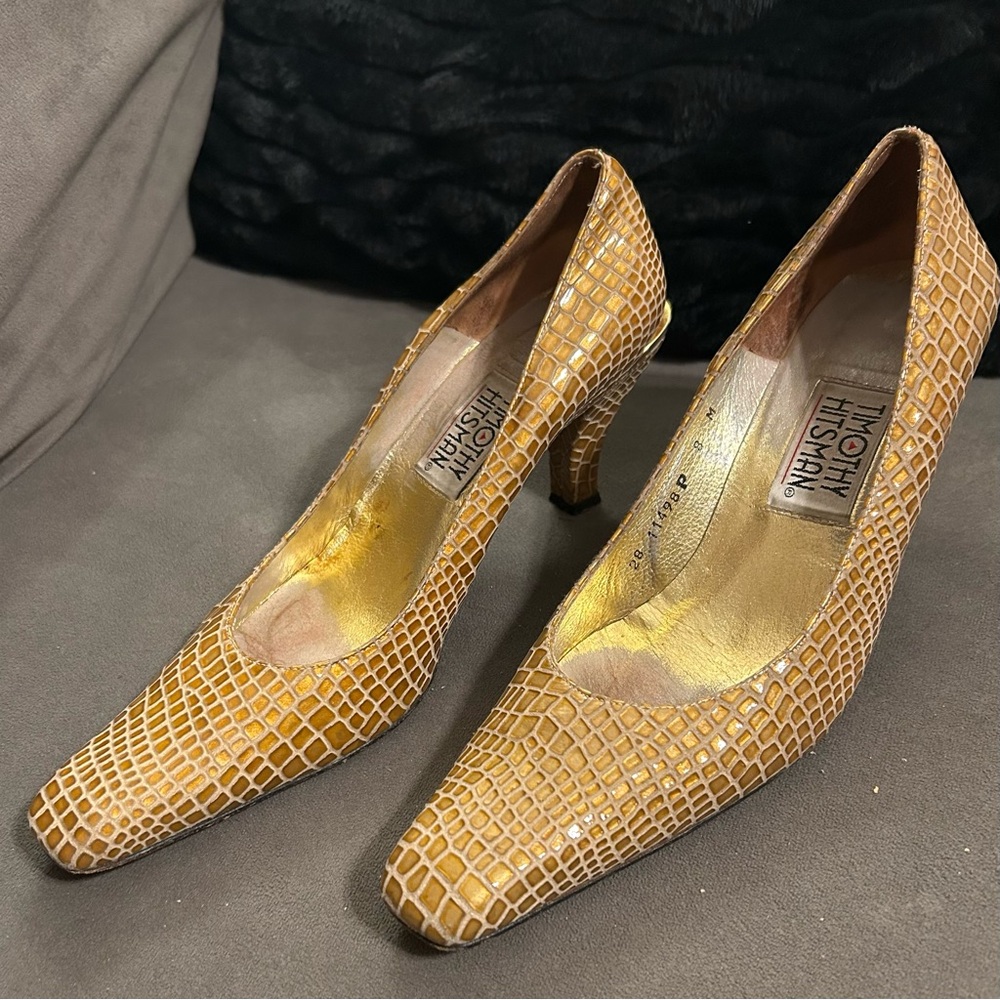 Vintage Timothy Hitsman Womens 8M Pumps Gold Leather Faux Snake Skin see desc - Picture 2 of 13